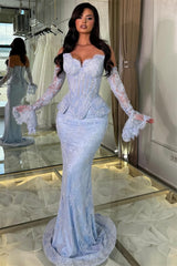 Charming Sky Blue Sweetheart Strapless Sleeveless Mermaid Lace Prom Dresses Column With Pleats