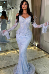 Charming Sky Blue Sweetheart Strapless Sleeveless Mermaid Lace Prom Dresses Column With Pleats