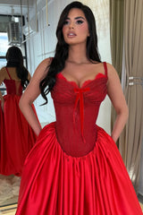 Luxurious Red Sweetheart Spaghetti-Straps Satin Prom Dresses A-Line With Pocket Lace-Up Back