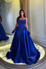 Romantic Royal Blue Strapless Sleeveless Satin Prom Dresses Gem A-Line With Pleats