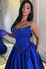 Romantic Royal Blue Strapless Sleeveless Satin Prom Dresses Gem A-Line With Pleats
