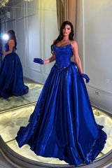 Romantic Royal Blue Strapless Sleeveless Satin Prom Dresses Gem A-Line With Pleats
