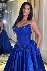 Romantic Royal Blue Strapless Sleeveless Satin Prom Dresses Gem A-Line With Pleats