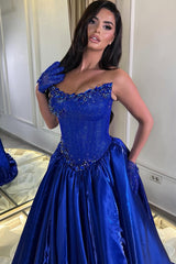 Romantic Royal Blue Strapless Sleeveless Satin Prom Dresses Gem A-Line With Pleats