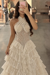 Charming Halter Sleeveless Tulle Prom Dresses Floor Length Gem With Pleats