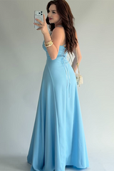 Charming Dusty Blue Sweetheart Spaghetti-Straps Sleeveless Satin Prom Dresses Sheath With Lace-Up Back