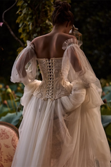 Elegant Sweetheart Long Sleeves Tulle Prom Dresses Beading With Lace-Up Back