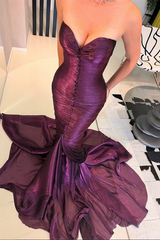 Luxurious Grape Sweetheart Strapless Sleeveless Mermaid Prom Dresses Sheath With Pleats