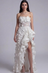Unique Strapless Sleeveless Hi-Lo Prom Dresses Floor Length With Zipper