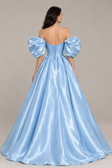 Luxurious Sky Blue Off The Shoulder Satin A-Line Prom Dresses Floor Length With Lace-Up Back