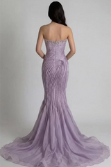 Charming Lilac Strapless Sleeveless Mermaid Prom Dresses Gem Sheath With Zipper Pleats
