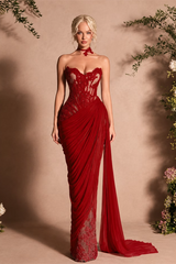 Romantic Burgundy Sweetheart Strapless Sleeveless Chiffon Lace Prom Dresses Mermaid With Zipper