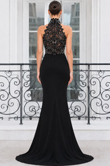Elegant Black Halter Sleeveless Satin Mermaid Prom Dresses Floor Length Column With Zipper