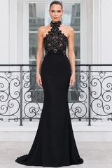 Elegant Black Halter Sleeveless Satin Mermaid Prom Dresses Floor Length Column With Zipper
