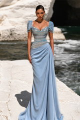 Graceful Dusty Blue Short Sleeves Mermaid Satin Prom Dresses Beading With Pleats