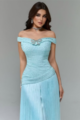 Timeless Blue Off The Shoulder Mermaid Prom Dresses Floor Length With Tassel