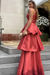 Chic Red Halter Sleeveless Satin Prom Dresses Floor Length With Pleats