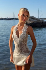 Elegant V-Neck Halter Sleeveless Lace Homecoming Dresses Mini With Pleats