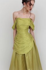 Charming Sage Off The Shoulder Prom Dresses Floor Length With Pleats