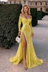 Unique Yellow Long Sleeves Mermaid Prom Dresses High Split Column With Zipper