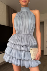 Charming Dusty Blue Halter Sleeveless Homecoming Dresses Mini With Pleats