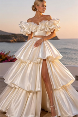 Elegant Off The Shoulder Two-Piece Satin A-Line Prom Dresses High Split With Lace-Up Back Pleats