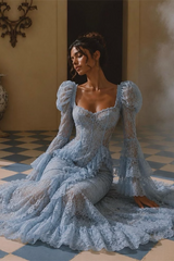 Elegant Sky Blue Long Sleeves Mermaid Lace Prom Dresses Sheath Backless With Pleats