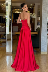Romantic Red Strapless Sleeveless Satin A-Line Prom Dresses Floor Length With Zipper Pleats
