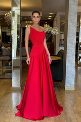 Romantic Red Strapless Sleeveless Satin A-Line Prom Dresses Floor Length With Zipper Pleats