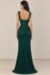 Dazzling Dark Green Straps Sleeveless Mermaid Prom Dresses Side Split Gem With Zipper