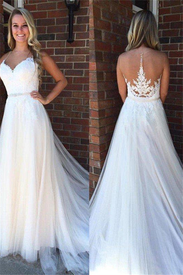 A Line Applique Court Train Sleeveless Tulle Scoop Wedding Dresses-Ballbella