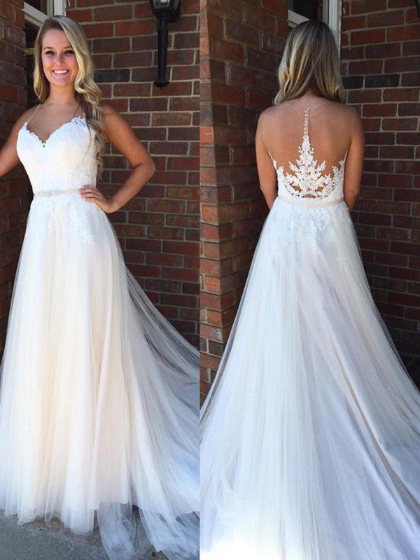 Check this A-Line Applique Court Train Sleeveless Tulle Scoop Wedding Dresses at ballbella.com, this dress will make your guests say wow. The Scoop bodice is thoughtfully lined, and the skirt with Appliques to provide the airy.