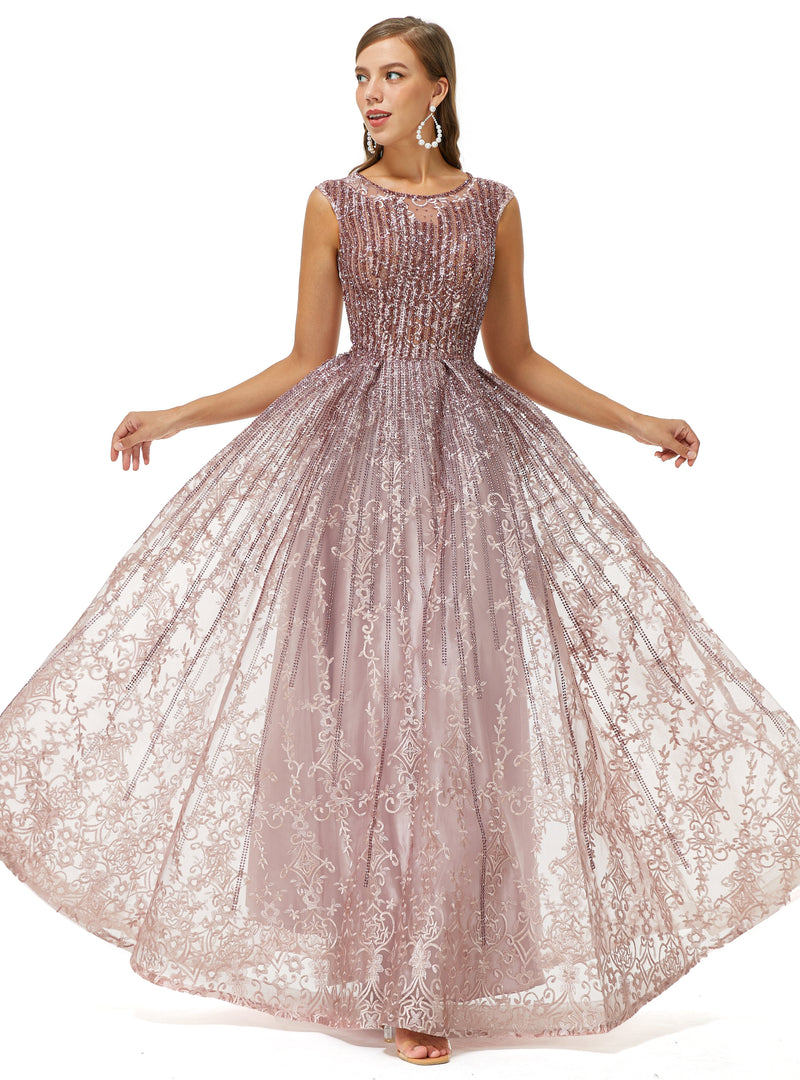 A-line Beaded Jewel Appliques Lace Floor-length cap sleeve Prom Dress-Ballbella