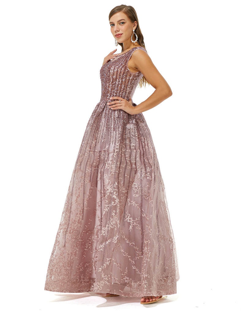 A-line Beaded Jewel Appliques Lace Floor-length cap sleeve Prom Dress-Ballbella