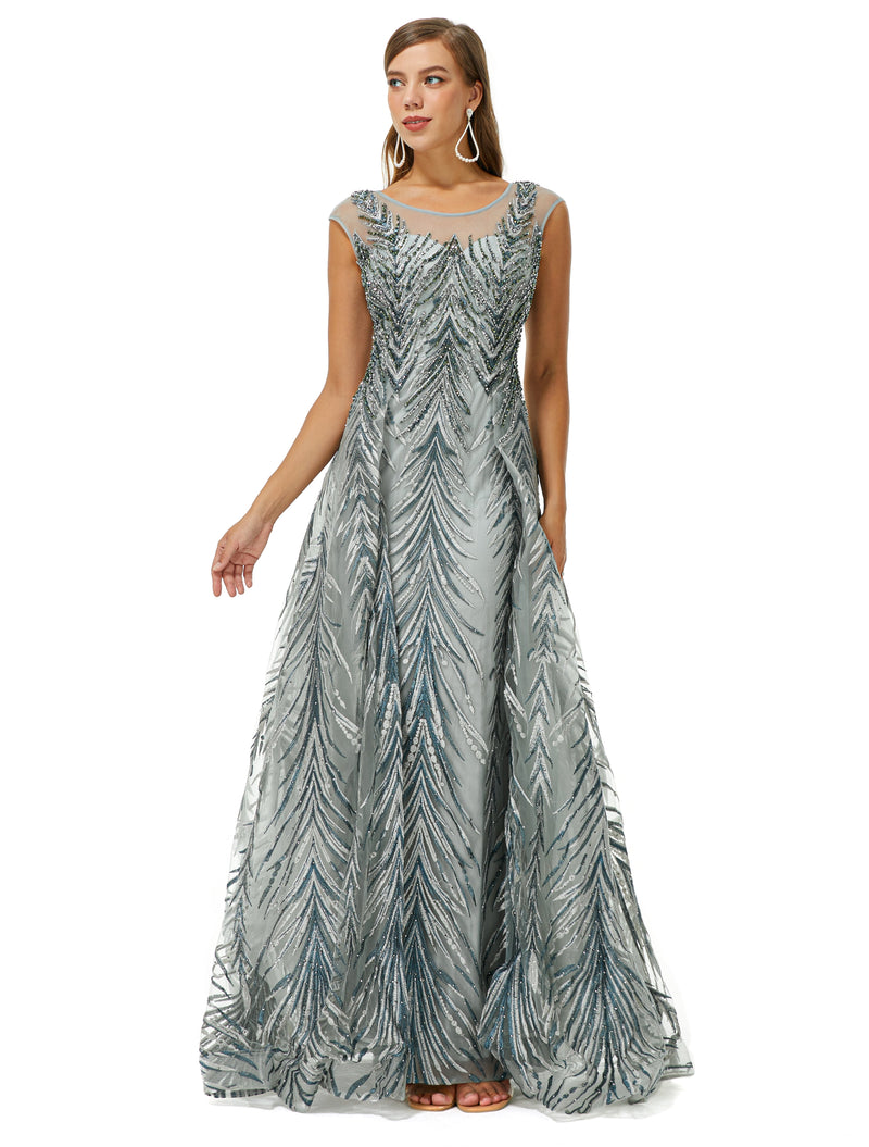 A-line Cap Sleeve Jewel Appliques Lace Floor-length Prom Dress-Ballbella