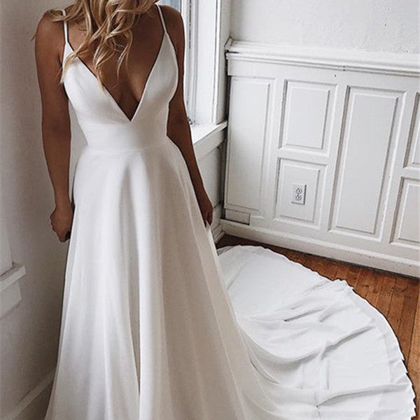 A Line Deepv Neck Court Spaghetti Strap Chiffon Crochet Flower Backless  Wedding Dress – Ballbella