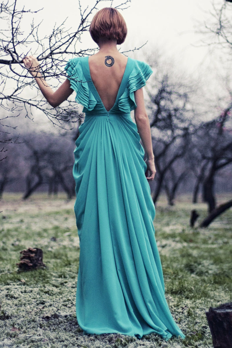 A-line Deep V-neck Floor Length Chiffon Backless Prom Dress