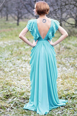 A-line Deep V-neck Floor Length Chiffon Backless Prom Dress-Ballbella