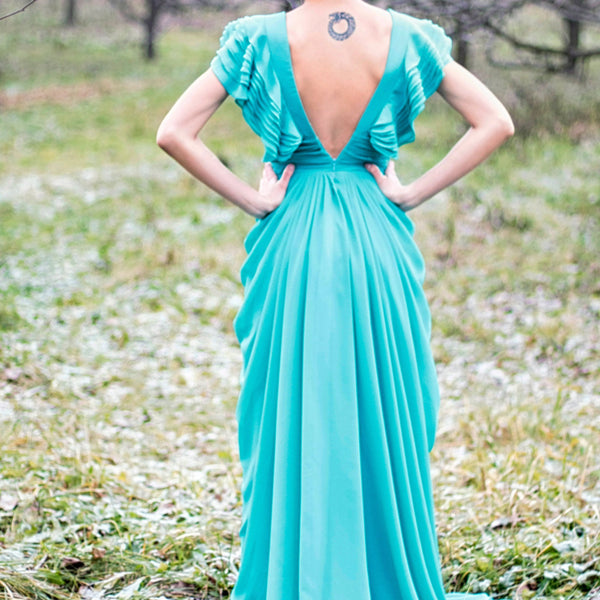 A-line Deep V-neck Floor Length Chiffon Backless Prom Dress – Ballbella