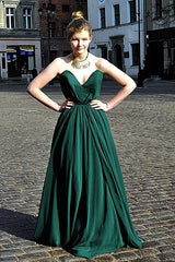 A-line Deep V-neck Floor Length Chiffon Backless Prom Dress-Ballbella