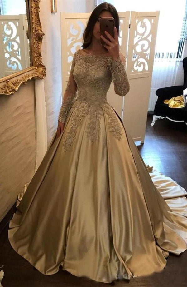 Long Sleevess Puffy Prom Gowns,  Bateau Gold Puffy Evening Dresses,  Lace Applique Illusion Long Sleevess With Applique. Beaded Sequined Long Prom Dresses Court Train. Ballbella custom made, Elegant design with top quality,  lowest price and free shipping.