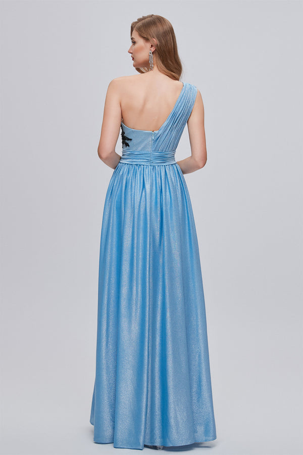 A-line Floor Length One shoulder Applique Sleeveless High Split Open Back Prom Dress-Ballbella
