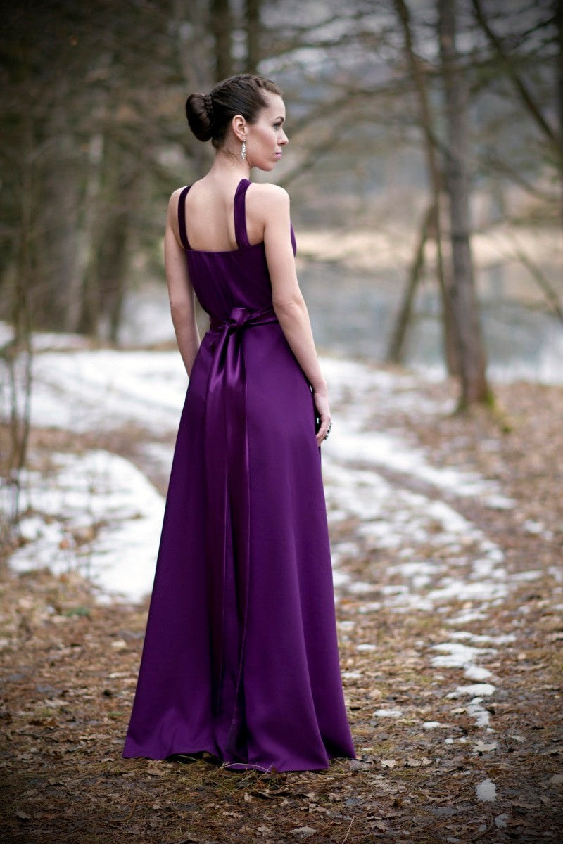 charmeuse evening dress Long V-Neck Stretch Charmeuse Dress With Side Drape Front