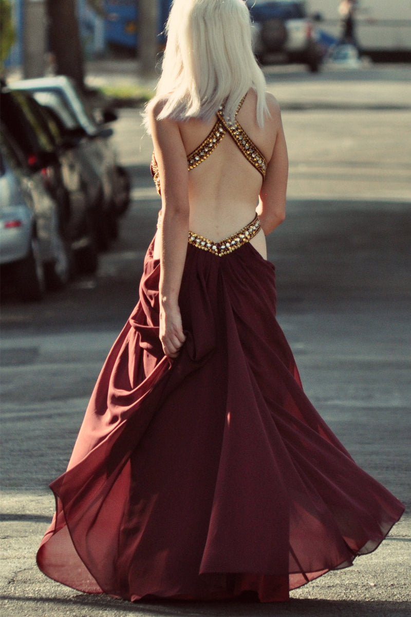 A-line Halter Floor Length Chiffon Backless Beading Prom Dress Ballbella A-line Halter Floor Length Chiffon Backless Beading Prom Dress Ballbella