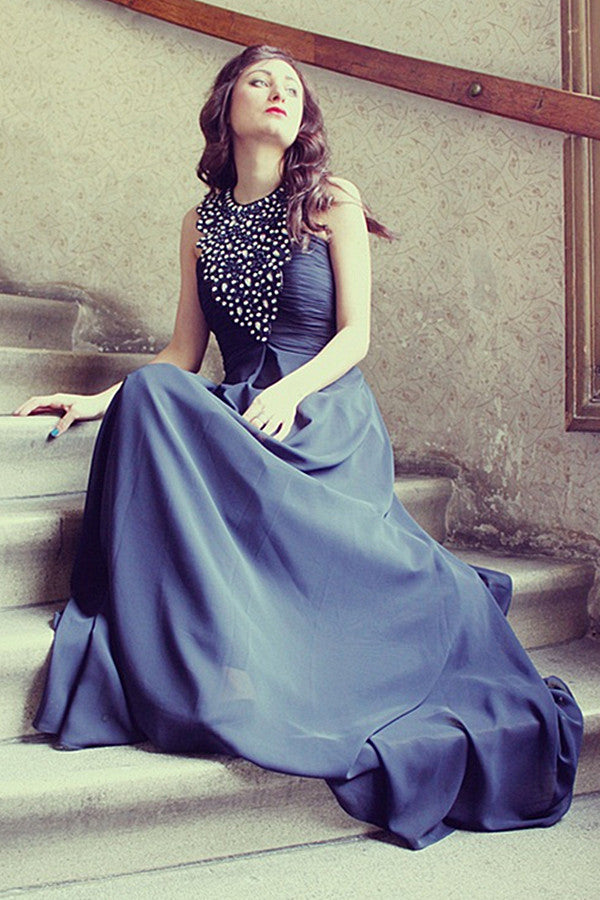 A-line Halter Floor Length Sleeveless Chiffon Rhinestone Evening Dress-Ballbella