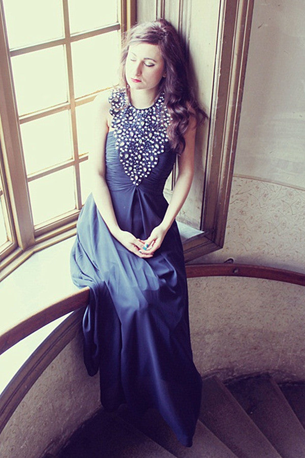 A-line Halter Floor Length Sleeveless Chiffon Rhinestone Evening Dress-Ballbella
