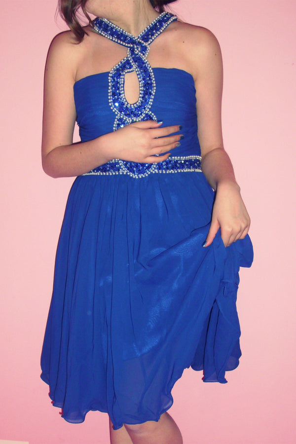A-line Halter Knee Length Chiffon Paillette Backless Homecoming Dress-Ballbella