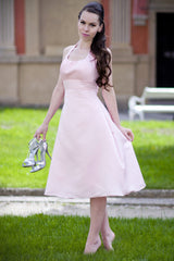 A-line Halter Round Collar Tea Length Chiffon Sleeveless Bridesmaid Dress-Ballbella