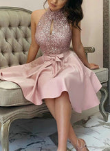 A-Line Halter Short/Mini Satin/Sequined Homecoming Dresses With Bow(s)-Ballbella
