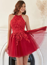 A-Line Halter Short/Mini Tulle Homecoming Dresses With Appliques Lace-Ballbella